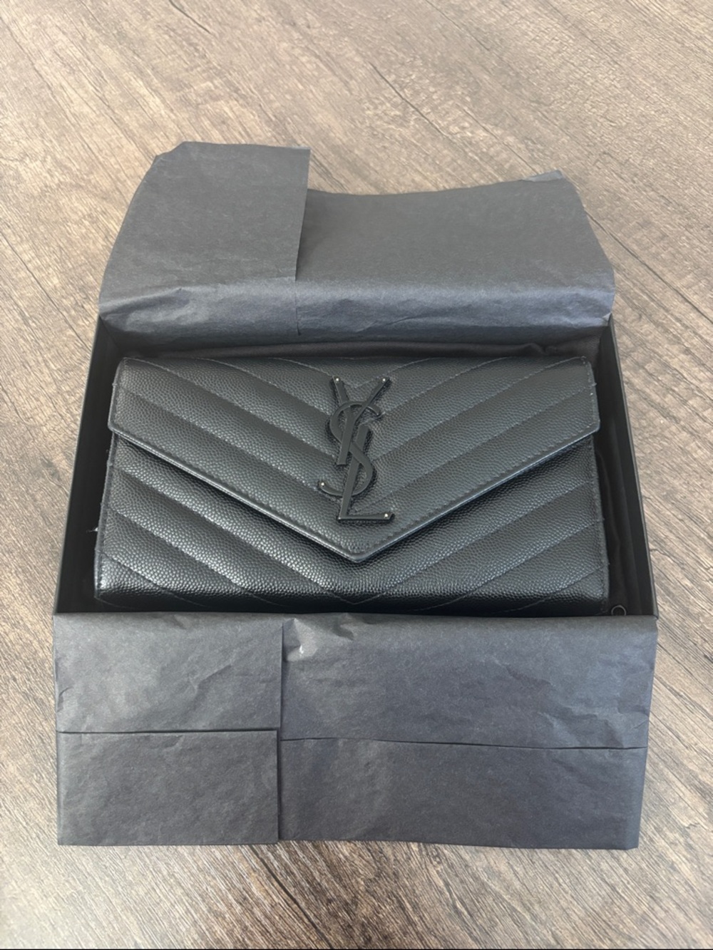 Yves Saint Laurent Large Flap Wallet Grain De Poudre Leather Black